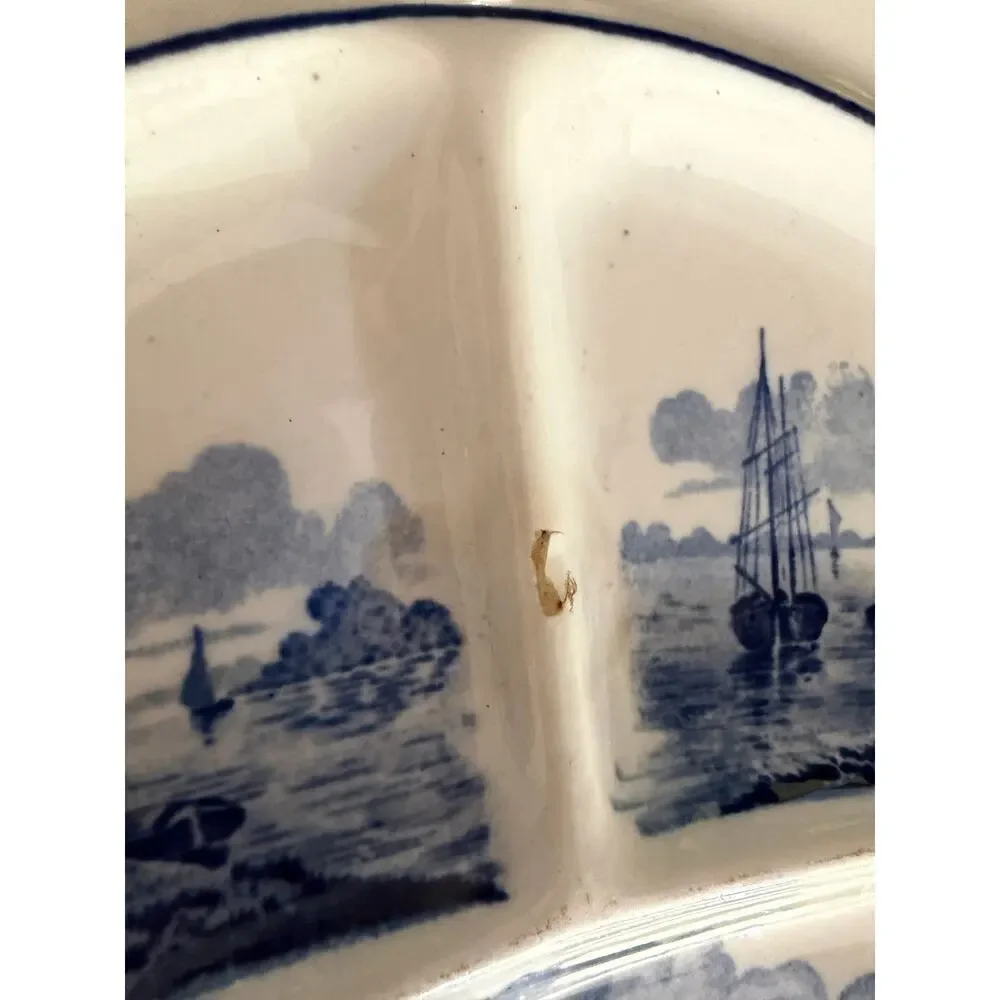 Vintage German Porcelain Divided Dinner Plate Windmills & Boats White Blue